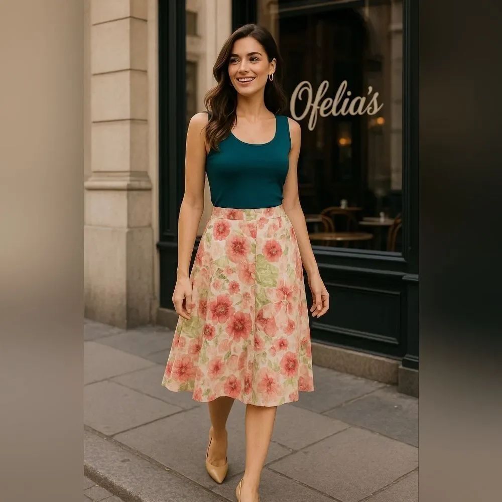 JM Collection 100% Linen Floral Skirt Side Zipper Knee Length Lagenlook Size 12